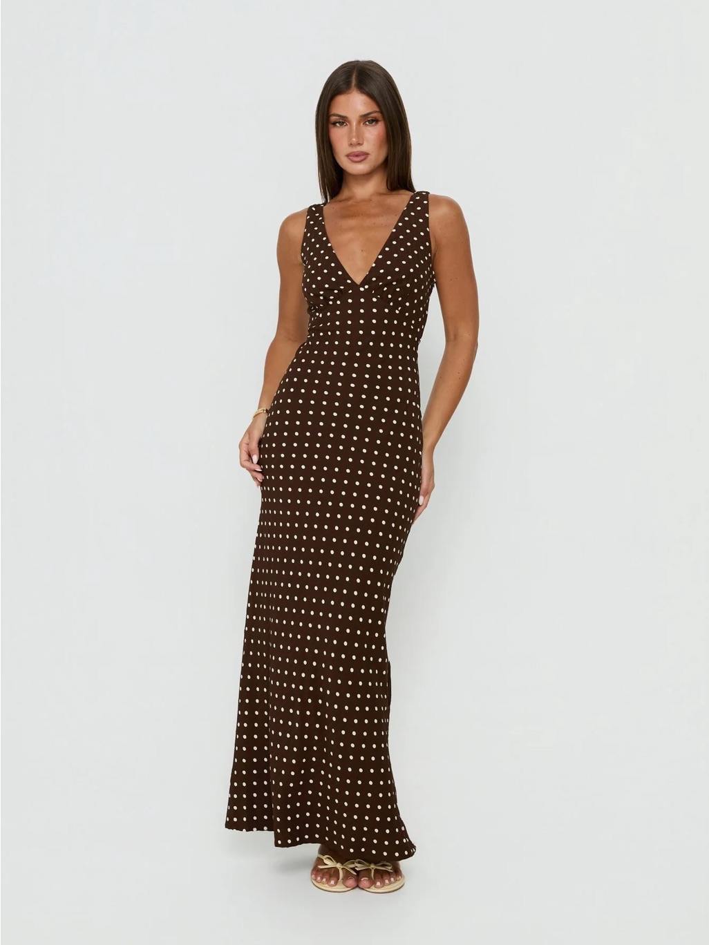 Princess Polly Brown Polka Dot V-Neck Maxi Dress